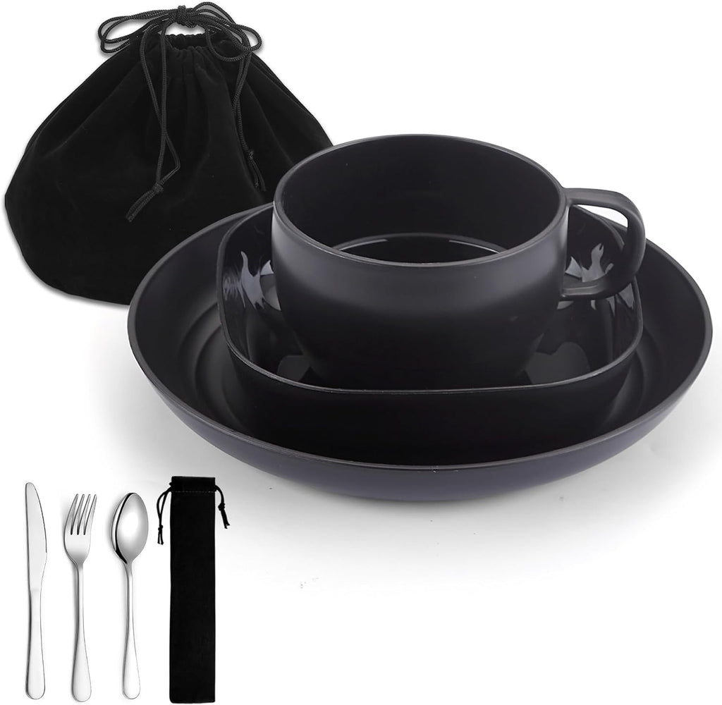Campingbesteck, ReaNea Camping Teller und Schüsseln Set mit Kaffeetasse, Reisebesteck Set mit Löffel, Gabel, Messer für Zuhause, am Pool, im Freien, Picknick, Camp