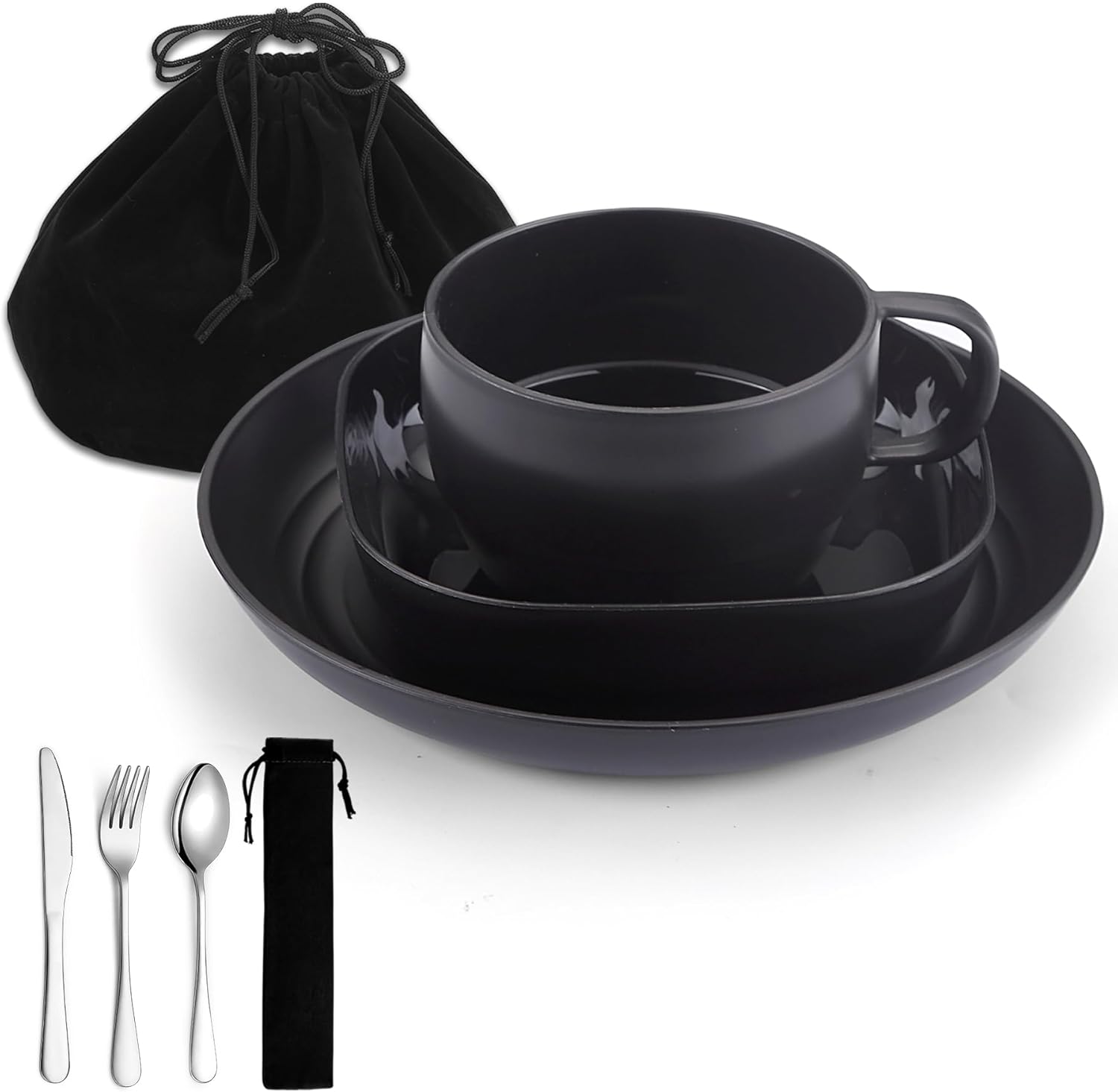 Campingbesteck, ReaNea Camping Teller und Schüsseln Set mit Kaffeetasse, Reisebesteck Set mit Löffel, Gabel, Messer für Zuhause, am Pool, im Freien, Picknick, Camp