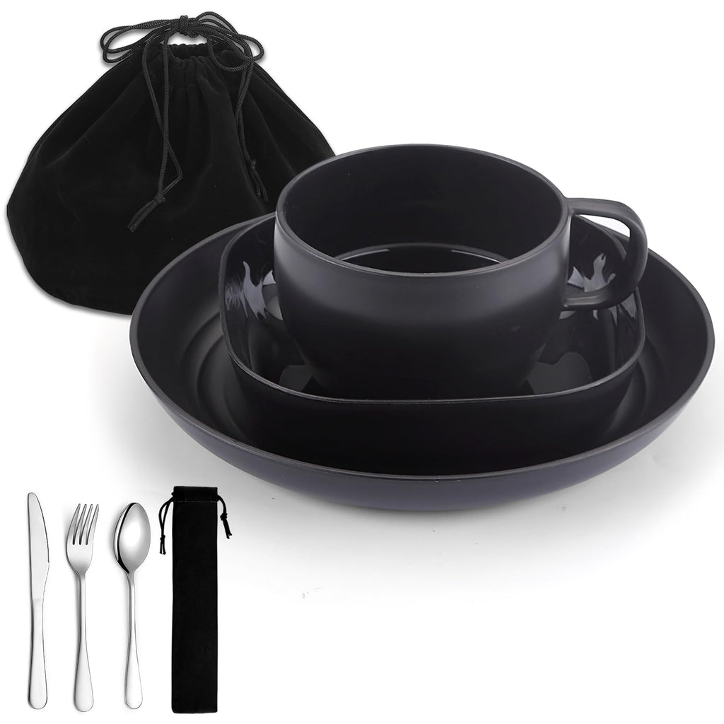 Campingbesteck, ReaNea Camping Teller und Schüsseln Set mit Kaffeetasse, Reisebesteck Set mit Löffel, Gabel, Messer für Zuhause, am Pool, im Freien, Picknick, Camp
