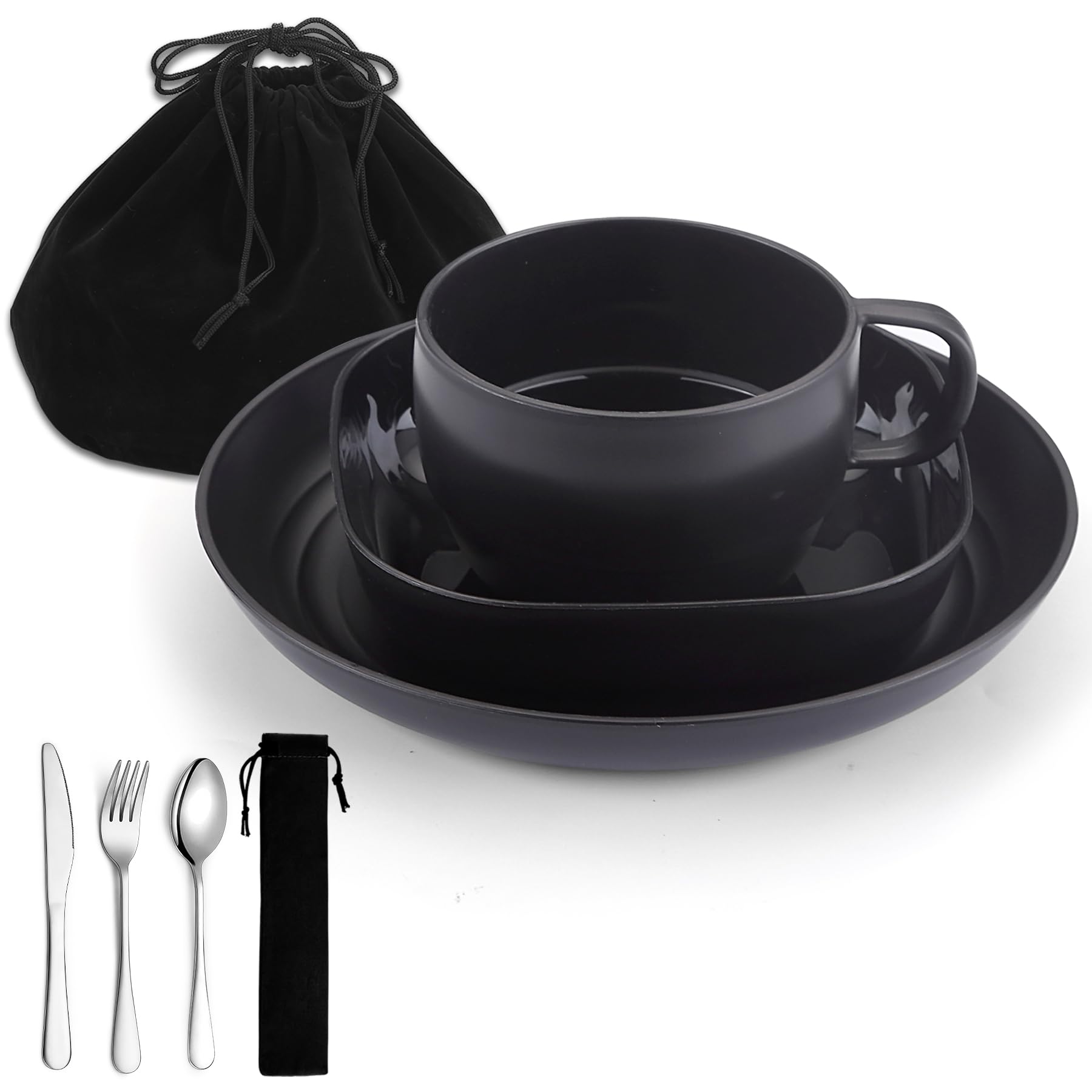 Campingbesteck, ReaNea Camping Teller und Schüsseln Set mit Kaffeetasse, Reisebesteck Set mit Löffel, Gabel, Messer für Zuhause, am Pool, im Freien, Picknick, Camp