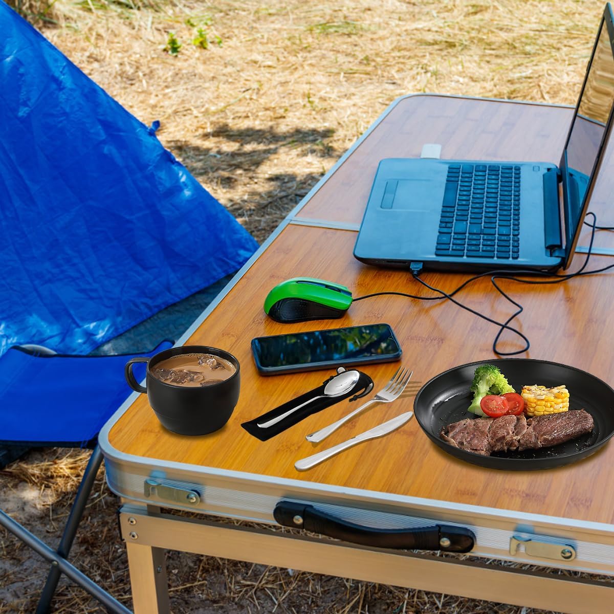 Campingbesteck, ReaNea Camping Teller und Schüsseln Set mit Kaffeetasse, Reisebesteck Set mit Löffel, Gabel, Messer für Zuhause, am Pool, im Freien, Picknick, Camp