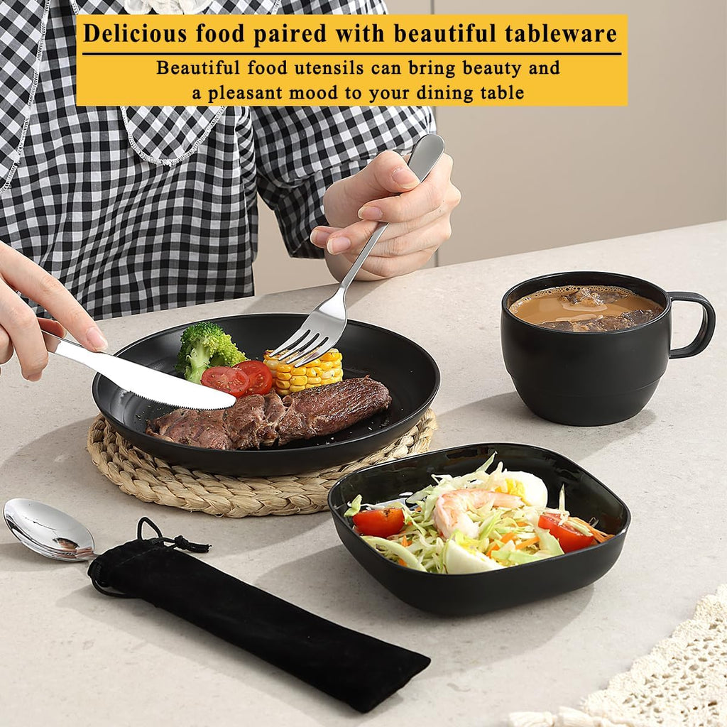 Campingbesteck, ReaNea Camping Teller und Schüsseln Set mit Kaffeetasse, Reisebesteck Set mit Löffel, Gabel, Messer für Zuhause, am Pool, im Freien, Picknick, Camp